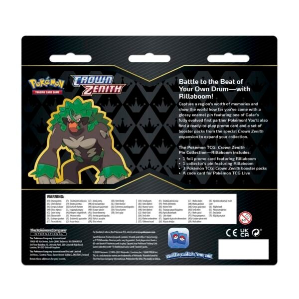pokémon tcg – crown zenith: rillaboom pin collection 3 pack blister