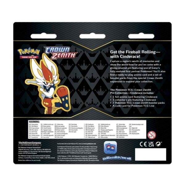 pokémon tcg – crown zenith: cinderace pin collection 3 pack blister