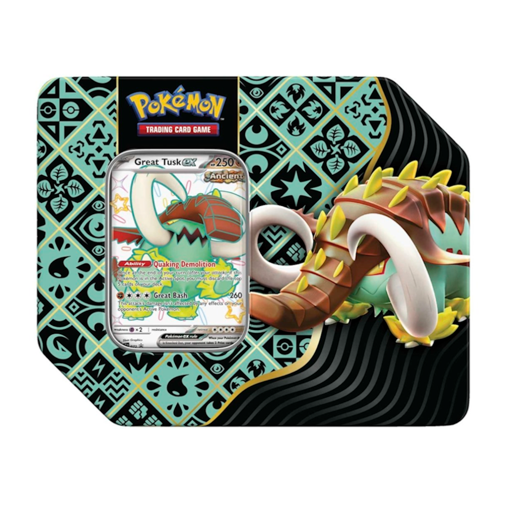pokémon tcg – paldean fates: great tusk ex tin (us version) pokémon tcg – paldean fates: great tusk ex tin (us version)
