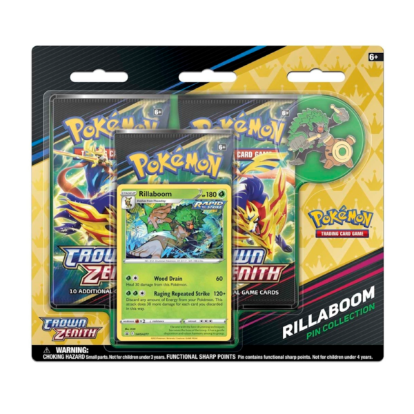 pokémon tcg – crown zenith: rillaboom pin collection 3 pack blister