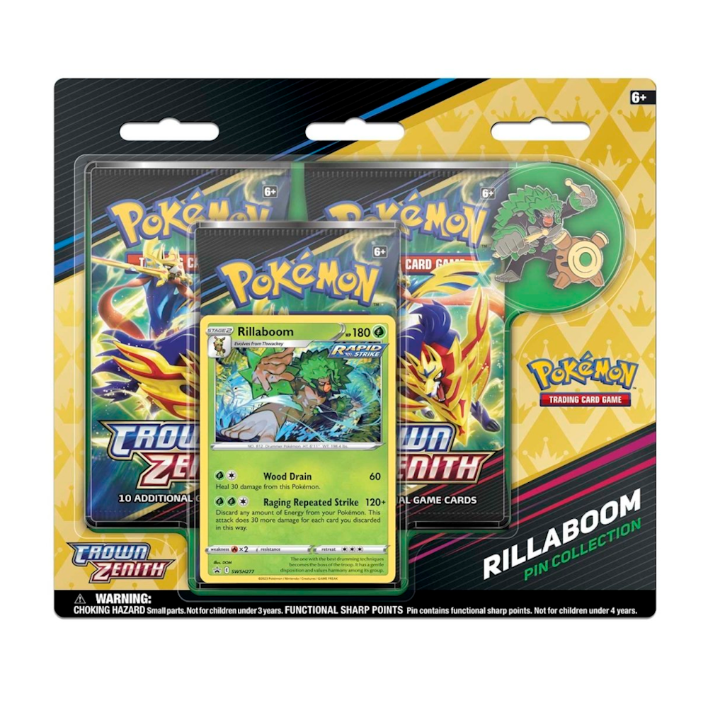 pokémon tcg – crown zenith: rillaboom pin collection 3 pack blister