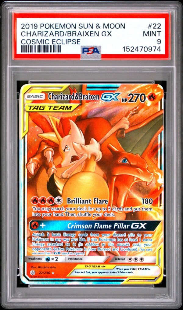 pokémon charizard & braixen gx #22 cosmic eclipse cec psa 9